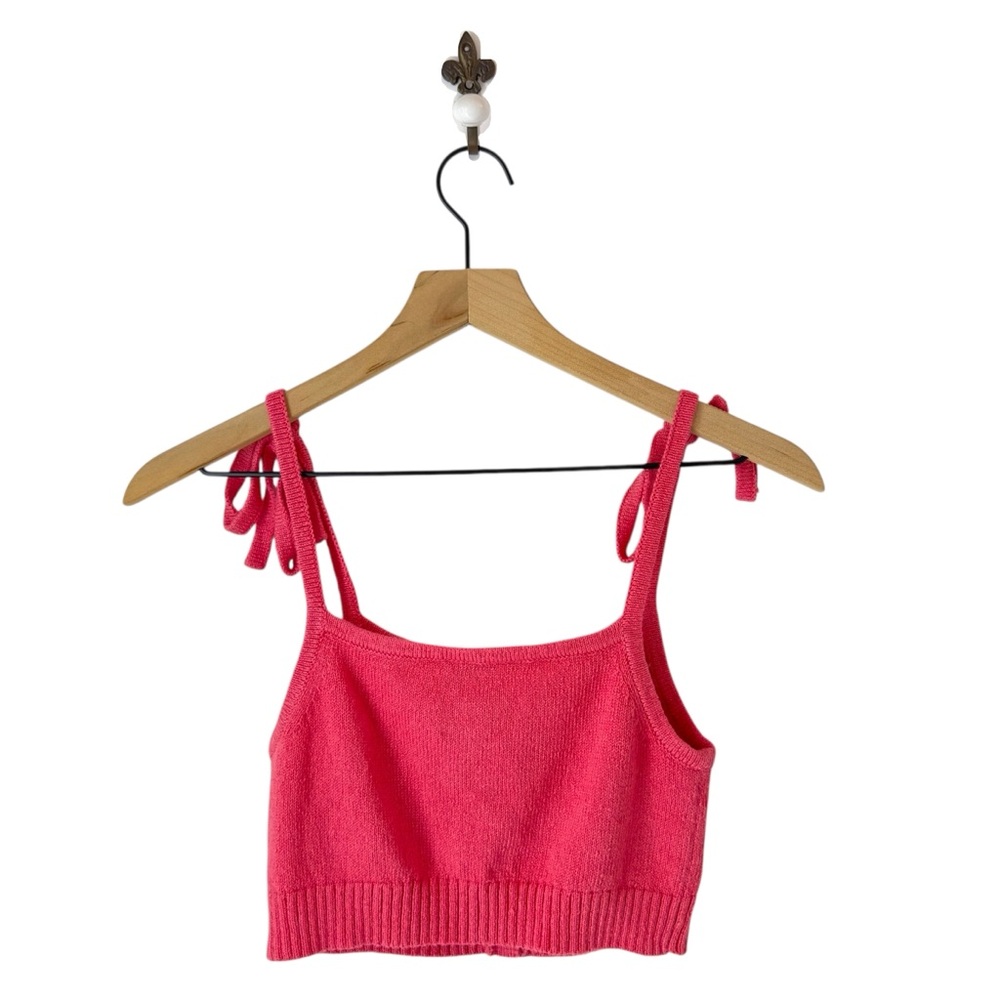 JoosTricot Knit Cropped Top XS Coral Pink Button Front Tie‎ Strap Tank Linen - Picture 4 of 9